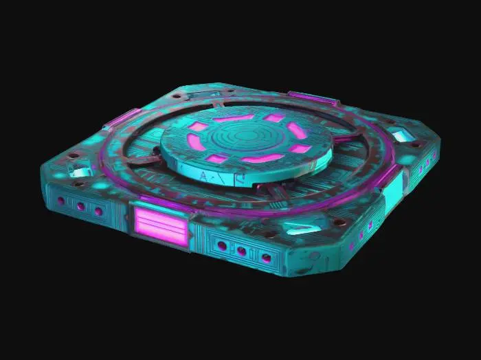 3D model for A cyberpunk-style pressure plate with a metallic square base and a slightly recessed center. The surface features subtle neon accents in cyan and magenta, glowing faintly along engraved circuit patterns. Made of dark, weathered metal with vents and panel lines for an advanced look. The neon elements are integrated smoothly, enhancing the futuristic aesthetic while keeping it functional.