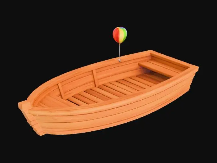 3D model for mach mir nochmal ein bild von einem ganz normalen boot mit einem kleinen Ballon dran. boot aus holz. der boden im boot ist eben