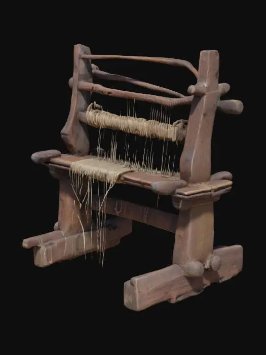 3D model for Medieval wooden loom with partially woven fabric. Intricate wooden frame with visible pegs and strings, showing signs of frequent use