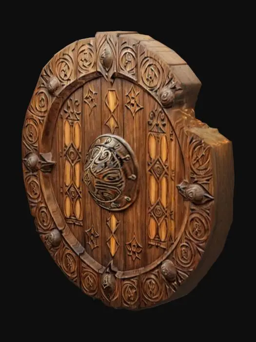 3D model for Wooden medieval shield with intricate carvings it displays glowing binary code (0s and 1s). The wood looks aged and slightly damaged
