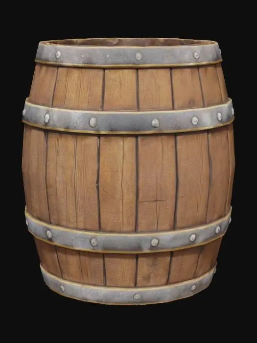 3D model for Classic medieval wooden barrel with metal bands. signs of wear, with slight leaks or scratches on the surface