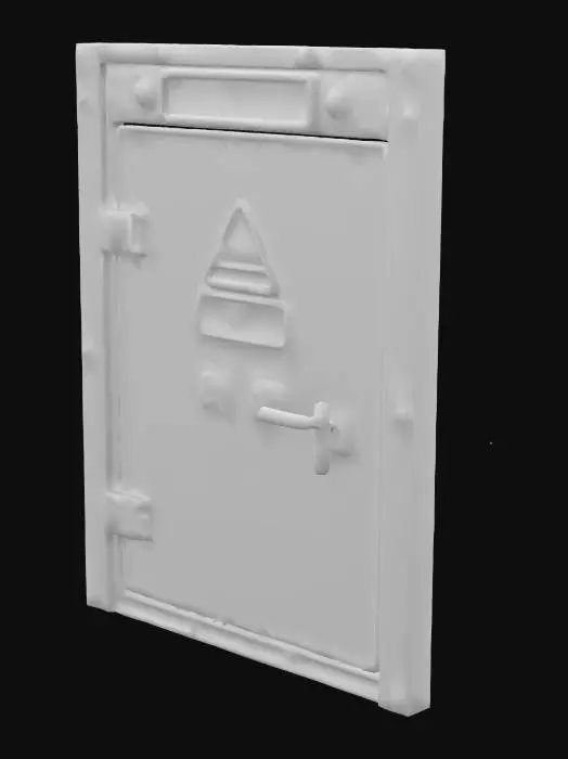 3D model for "A heavy, industrial emergency exit door with a futuristic cyberpunk design. The metal surface is scratched and dented, with warning labels and faded hazard symbols barely visible. A glowing, malfunctioning 'EXIT' sign flickers above, with some letters partially burned out. The door has a thick security lock, and the edges are covered in grime and dust, suggesting it hasn't been used in years