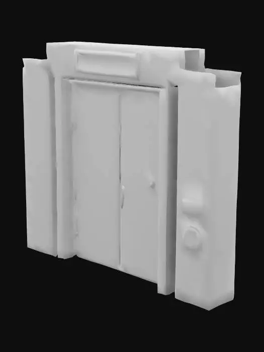 3D model for A heavy, industrial emergency exit door with a futuristic cyberpunk design. The metal surface is scratched and dented, with warning labels and faded hazard symbols barely visible. A 'EXIT' is above. The door has a thick security lock, and the edges are covered in grime and dust, suggesting it hasn't been used in years