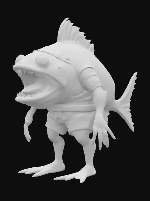 3D model for A horizontally oriented fish with two human-like legs sticking straight down from its belly. The fish has a large, open mouth and expressive eyes. It also has two human-like arms attached to its sides. The fish is dressed in medieval clothing, such as a tunic and belt, with small decorative details fitting the era. The overall look is bizarre yet amusing, blending fantasy and absurdity