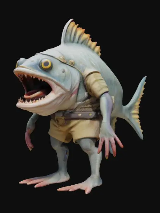 3D model for A horizontally oriented fish with two human-like legs sticking straight down from its belly. The fish has a large, open mouth and expressive eyes. It also has two human-like arms attached to its sides. The fish is dressed in medieval clothing, such as a tunic and belt, with small decorative details fitting the era. The overall look is bizarre yet amusing, blending fantasy and absurdity