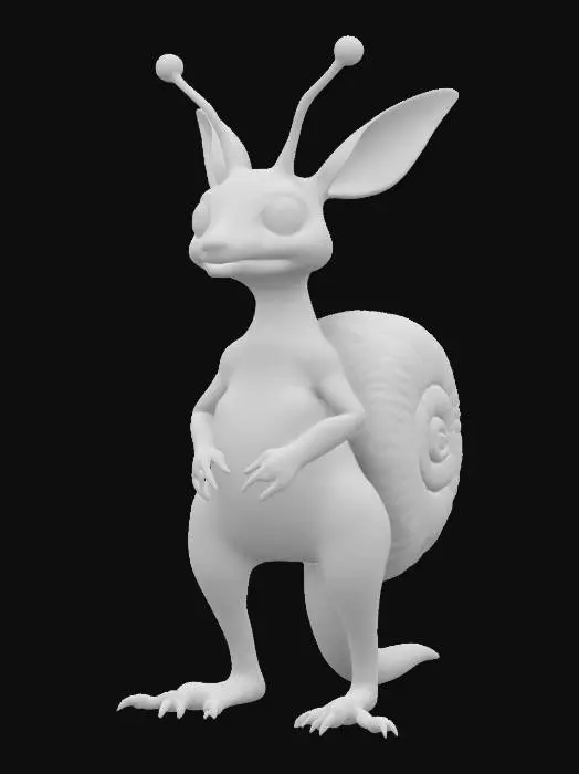 3D model for A kangaroo with a large snail shell on its back and a slimy texture instead of fur. Its long legs are normal, but its skin appears soft and moist. Two small antennae stick out from its head.