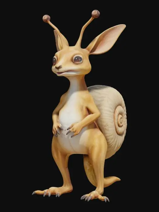 3D model for A kangaroo with a large snail shell on its back and a slimy texture instead of fur. Its long legs are normal, but its skin appears soft and moist. Two small antennae stick out from its head.