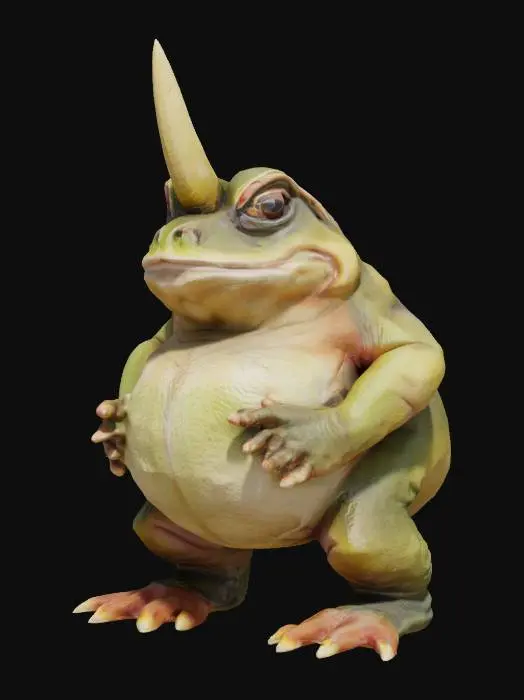 3D model for A plump frog with thick, leathery skin and a large horn on its nose like a rhinoceros. Its legs are wide and squat, and its face has a grumpy, determined look.