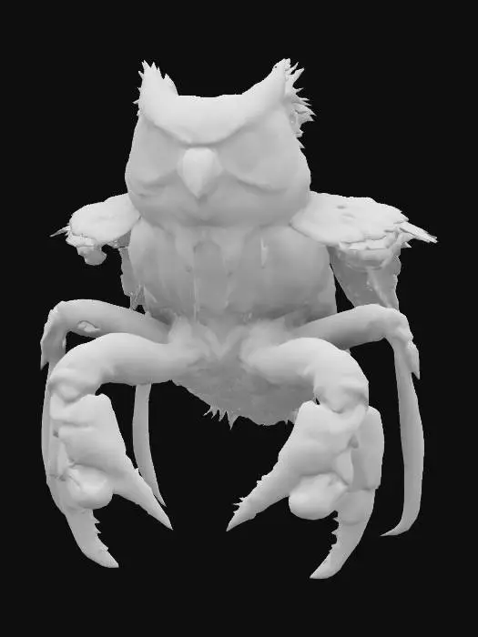 3D model for A bizarre creature with the head and feathers of an owl, but it has eight crab legs instead of wings and talons. Its eyes are wide and alert, and two large pincers extend from its sides.