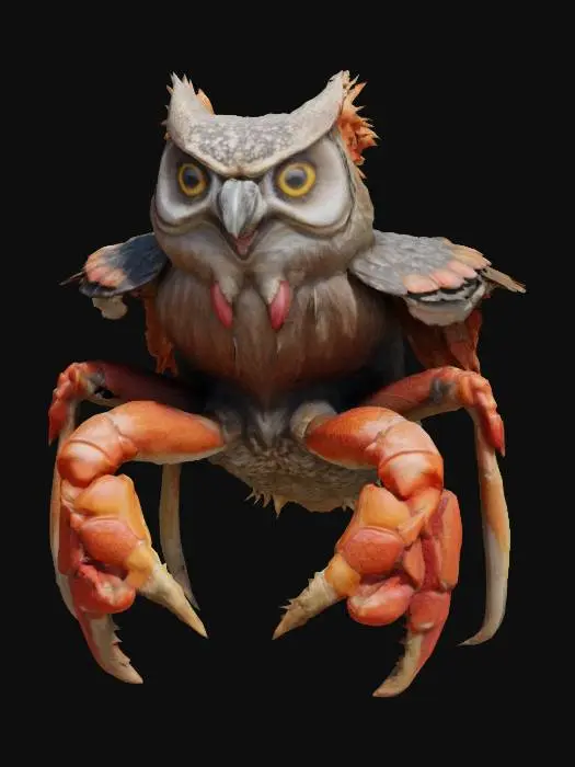 3D model for A bizarre creature with the head and feathers of an owl, but it has eight crab legs instead of wings and talons. Its eyes are wide and alert, and two large pincers extend from its sides.