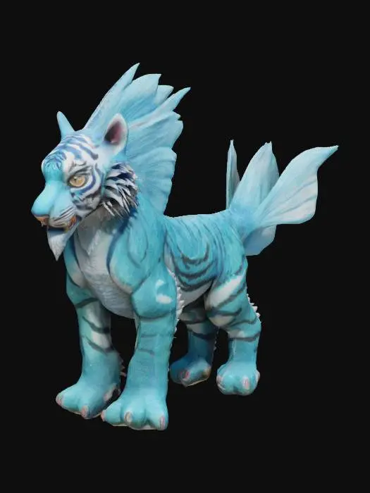 3D model for A tiger with fish scales covering its body, gills on its neck, and a dorsal fin running down its back. Its paws are webbed, and its tail ends in a fish-like fin. The face is fierce but aquatic.