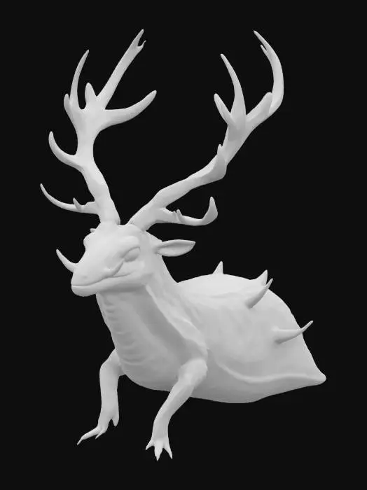 3D model for A bizarre creature with the slimy, soft body of a slug and the large antlers of an elk growing from its head. The creature has no legs, moving with a smooth, gliding motion. Its skin is moist and slightly translucent, with subtle patterns. The antlers are oversized and rough, contrasting with the soft body. The face blends slug features with a hint of elk structure