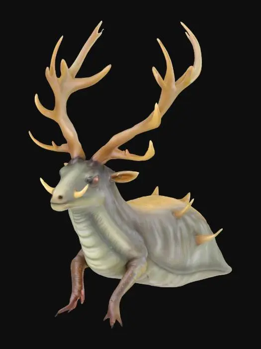 3D model for A bizarre creature with the slimy, soft body of a slug and the large antlers of an elk growing from its head. The creature has no legs, moving with a smooth, gliding motion. Its skin is moist and slightly translucent, with subtle patterns. The antlers are oversized and rough, contrasting with the soft body. The face blends slug features with a hint of elk structure