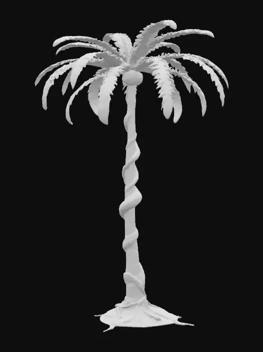 3D model for A mechanical palm tree with metal trunk, robotic leaves made of segmented plates, exposed cables hanging like vines, futuristic and stylized design, high detail, black background