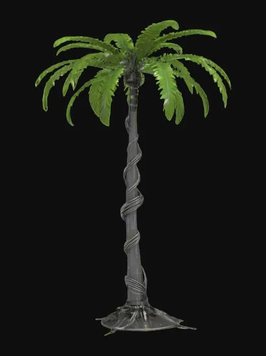 3D model for A mechanical palm tree with metal trunk, robotic leaves made of segmented plates, exposed cables hanging like vines, futuristic and stylized design, high detail, black background