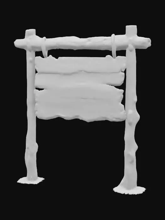 3D model for A rustic wooden signboard mounted on a vertical wooden post, rough hand-carved surface, weathered texture with cracks and moss, medieval village style, slightly tilted and aged