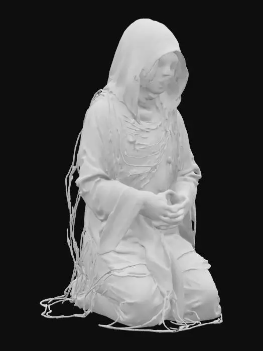 3D model for A mysterious humanoid monk figure cloaked entirely in tangled cables and wires, with a hooded form and hidden face, sitting or kneeling in a meditative pose, glowing data lines flowing through the cords, eerie and surreal