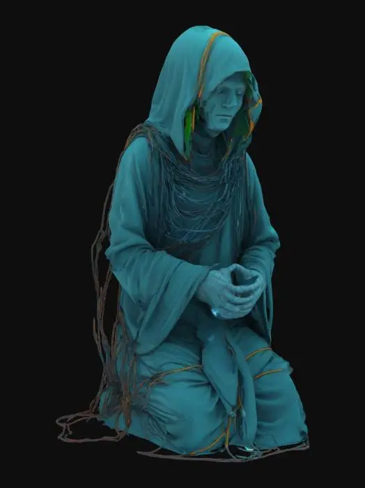 3D model for A mysterious humanoid monk figure cloaked entirely in tangled cables and wires, with a hooded form and hidden face, sitting or kneeling in a meditative pose, glowing data lines flowing through the cords, eerie and surreal