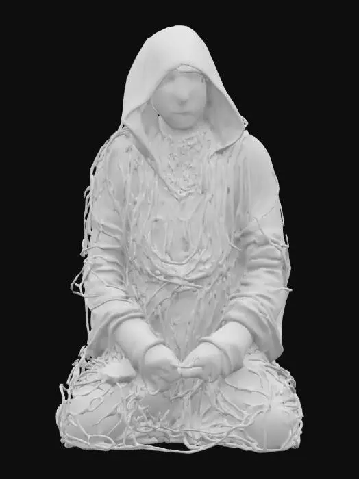 3D model for A mysterious humanoid monk figure cloaked entirely in tangled cables and wires, with a hooded form and hidden face, sitting or kneeling in a meditative pose, glowing data lines flowing through the cords, eerie and surreal