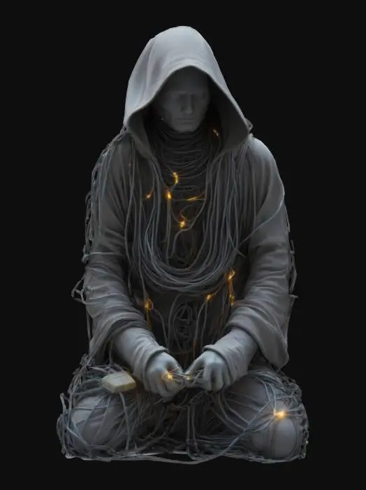 3D model for A mysterious humanoid monk figure cloaked entirely in tangled cables and wires, with a hooded form and hidden face, sitting or kneeling in a meditative pose, glowing data lines flowing through the cords, eerie and surreal