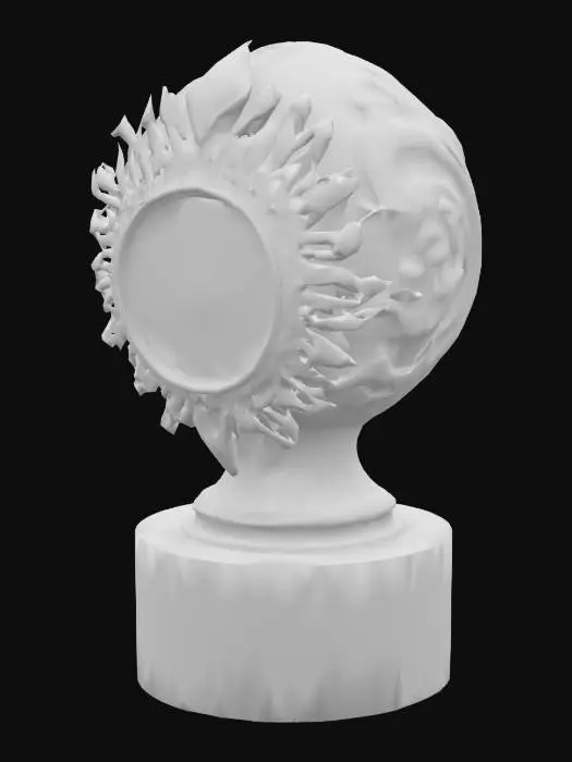 3D model for A luxurious marble sculpture standing on a polished marble pedestal. On top of the pedestal sits a large, glowing blue iris with intricate golden circuitry patterns across its surface, contrasting, cold marble.