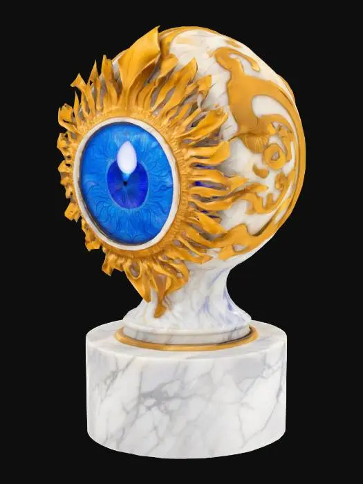 3D model for A luxurious marble sculpture standing on a polished marble pedestal. On top of the pedestal sits a large, glowing blue iris with intricate golden circuitry patterns across its surface, contrasting, cold marble.