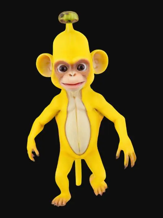 3D model for A bizarre creature with the body of a monkey, but its limbs and back have the texture and color of a banana. Its head resembles a half-peeled banana, with the exposed fruit forming its facial features. As it moves, its skin slightly peels away, revealing the soft interior beneath