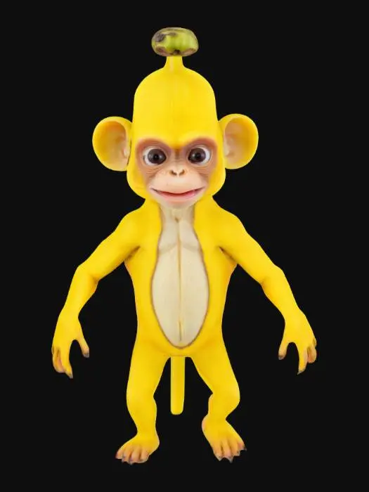 3D model for A bizarre creature with the body of a monkey, but its limbs and back have the texture and color of a banana. Its head resembles a half-peeled banana, with the exposed fruit forming its facial features. As it moves, its skin slightly peels away, revealing the soft interior beneath
