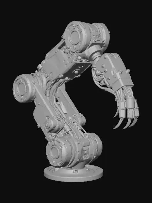 3D model for large industrial robotic arm, cyberpunk design, metallic joints, hydraulics, neon accent lines, claw-like manipulator, mechanical pistons, rotating base