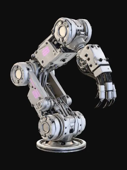 3D model for large industrial robotic arm, cyberpunk design, metallic joints, hydraulics, neon accent lines, claw-like manipulator, mechanical pistons, rotating base