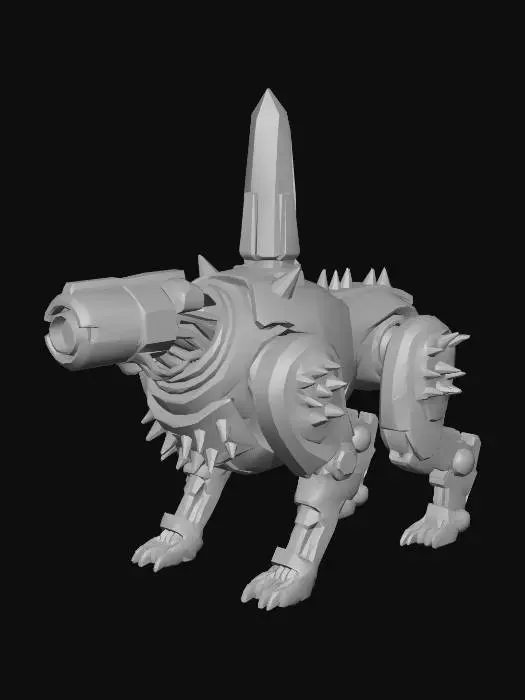 3D model for A four-legged robotic dog enemy with a low, sturdy, compact body. Instead of a head, the robot has a forward-facing integrated cannon mounted at the neck position, cylindrical and heavy, clearly readable as a weapon. The sides and body are fully covered in sharp metallic spikes, indicating lethal contact from the sides. On its back rises a single tall vertical energy crystal, glowing cyan, acting as the primary weak point. Hard-surface cyberpunk design, industrial sci-fi materials, matte dark metal with glowing accents, clear enemy silhouette, gameplay-readable proportions, no background, neutral studio lighting, centered object.
