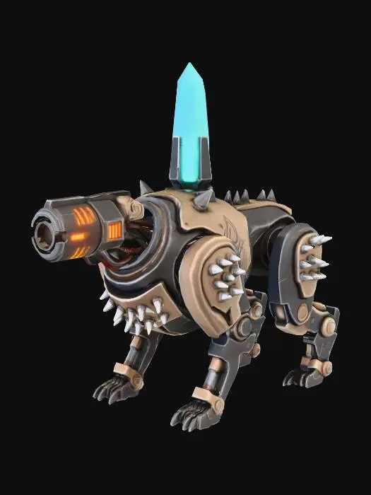 3D model for A four-legged robotic dog enemy with a low, sturdy, compact body. Instead of a head, the robot has a forward-facing integrated cannon mounted at the neck position, cylindrical and heavy, clearly readable as a weapon. The sides and body are fully covered in sharp metallic spikes, indicating lethal contact from the sides. On its back rises a single tall vertical energy crystal, glowing cyan, acting as the primary weak point. Hard-surface cyberpunk design, industrial sci-fi materials, matte dark metal with glowing accents, clear enemy silhouette, gameplay-readable proportions, no background, neutral studio lighting, centered object.