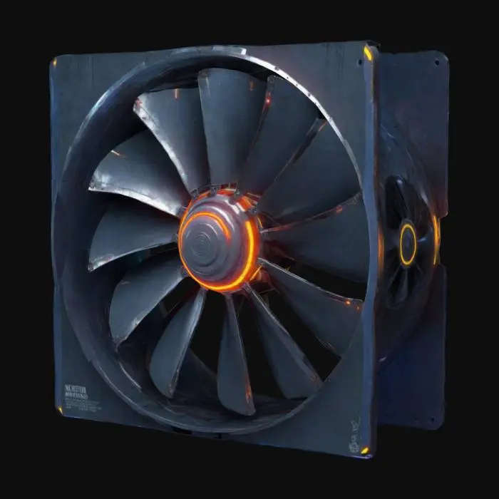 3D model for A set of industrial fan blades in cyberpunk style. Only four sleek, sharp-edged blades attached to a central hub. The metallic surface has subtle neon accents and a worn, high-tech look. No outer frame, just the rotor blades, optimized for game asset use