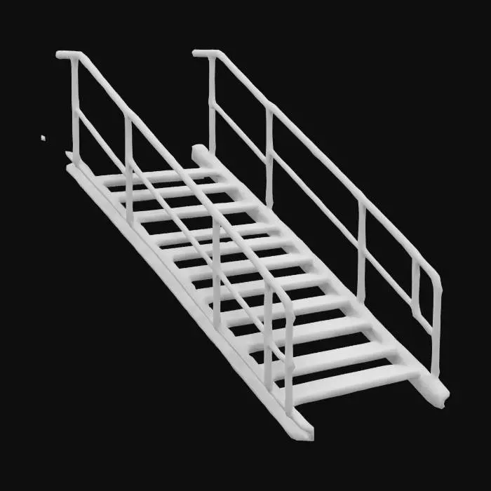 3D model for Steep industrial ramp for a lab environment, made of smooth metal with a clean surface. The ramp should be wide and steep enough to give the sense of a challenging ascent, with slight signs of wear but still functional. The sides should have low metal railings for safety, and the design should have a modern, utilitarian feel suitable for a high-tech, clinical space.