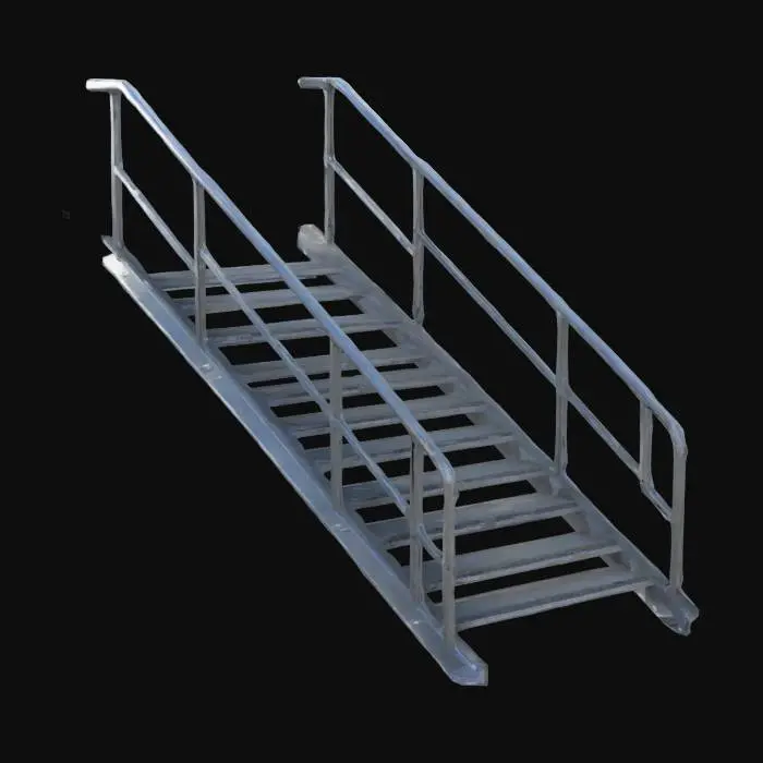 3D model for Steep industrial ramp for a lab environment, made of smooth metal with a clean surface. The ramp should be wide and steep enough to give the sense of a challenging ascent, with slight signs of wear but still functional. The sides should have low metal railings for safety, and the design should have a modern, utilitarian feel suitable for a high-tech, clinical space.