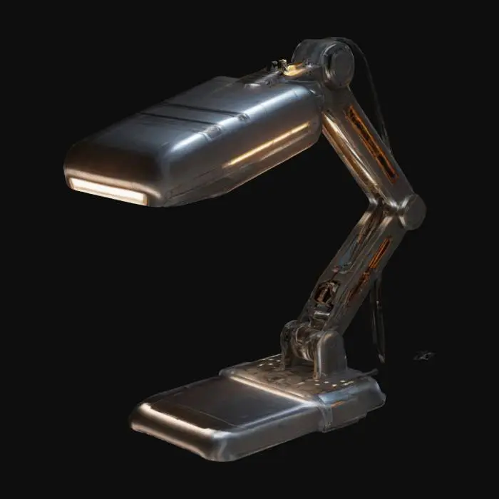 3D model for A high-tech workshop lamp with a futuristic, cyberpunk-inspired design. The lamp has a sleek metallic frame, exposed wiring, and intricate mechanical joints for flexible positioning. The surface features small vents and subtle glowing indicator lines, but it does not emit any light. Designed for a sci-fi or cyberpunk setting, the lamp appears robust and functional, fitting seamlessly into an advanced workshop or laboratory