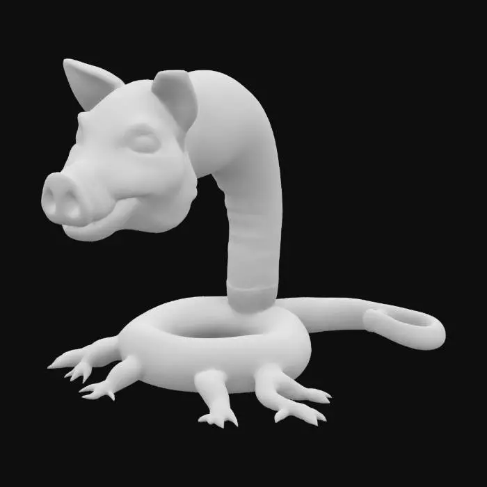 3D model for A bizarre creature with the head of a pig and a long, scaly snake body. The small, flat pig nose is constantly sniffing, while the body slithers and writhes. The creature has tiny pig feet that awkwardly stick out from its body, and a curly pig tail at the end