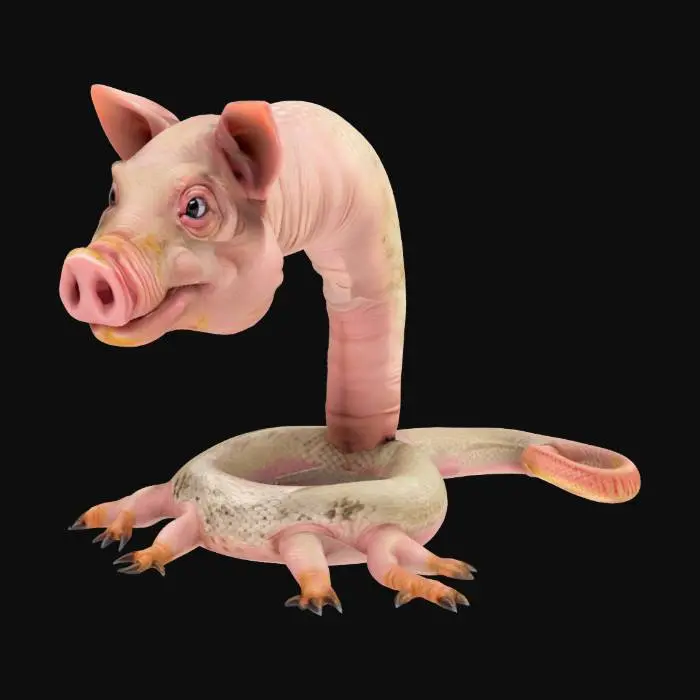 3D model for A bizarre creature with the head of a pig and a long, scaly snake body. The small, flat pig nose is constantly sniffing, while the body slithers and writhes. The creature has tiny pig feet that awkwardly stick out from its body, and a curly pig tail at the end