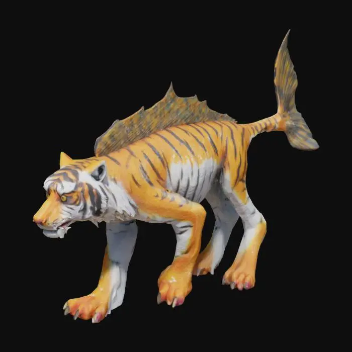 3D model for A tiger with fish scales covering its body, gills on its neck, and a dorsal fin running down its back. Its paws are webbed, and its tail ends in a fish-like fin. The face is fierce but aquatic.