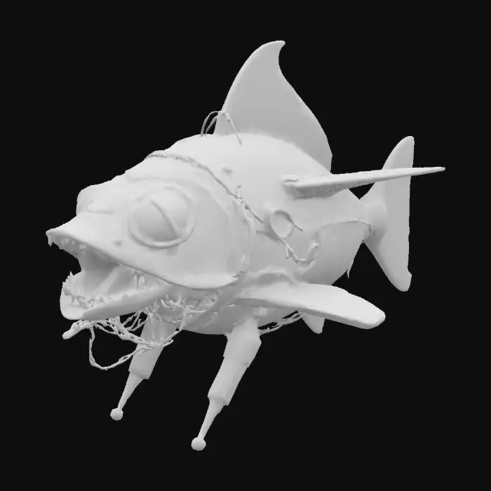 3D model for A bizarre robotic fish with an asymmetrical metal body, exposed wires, and glitchy features. It has small mechanical legs instead of fins, and one side has a set of metallic wings. Its eyes glow unevenly, and its surface is dented and scratched, as if poorly assembled. The overall look is strange and broken, but functional