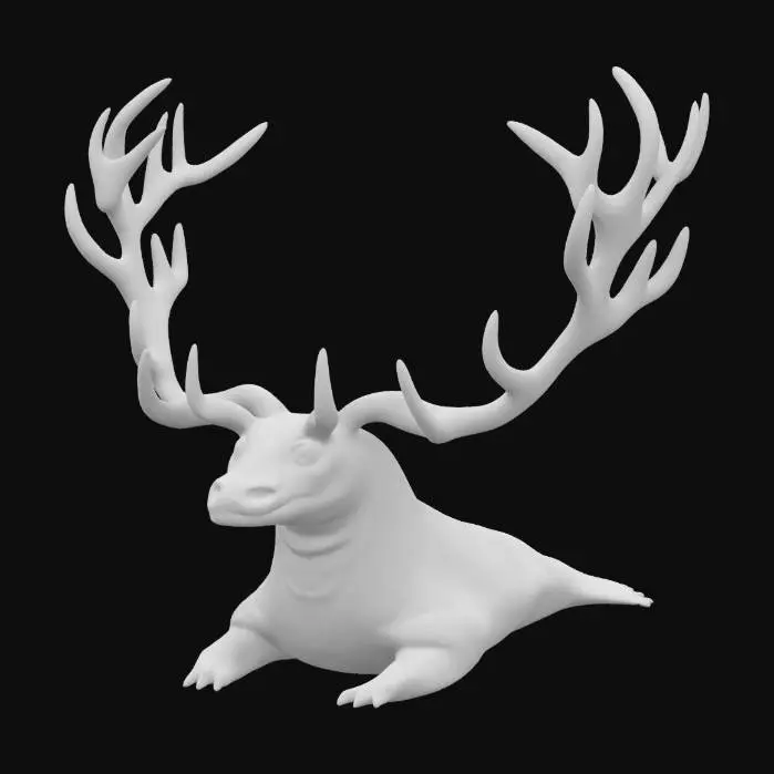 3D model for A bizarre creature with the slimy, soft body of a slug and the large antlers of an elk growing from its head. The creature has no legs, moving with a smooth, gliding motion. Its skin is moist and slightly translucent, with subtle patterns. The antlers are oversized and rough, contrasting with the soft body. The face blends slug features with a hint of elk structure