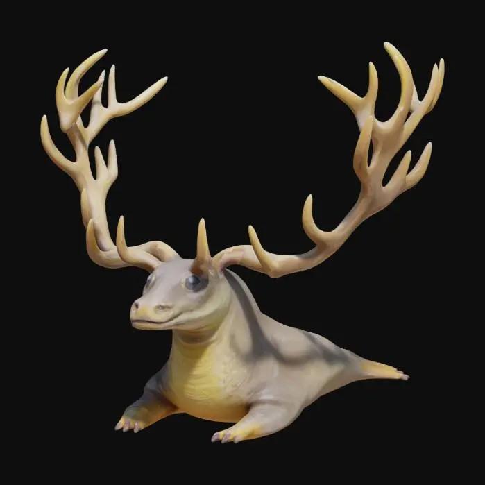 3D model for A bizarre creature with the slimy, soft body of a slug and the large antlers of an elk growing from its head. The creature has no legs, moving with a smooth, gliding motion. Its skin is moist and slightly translucent, with subtle patterns. The antlers are oversized and rough, contrasting with the soft body. The face blends slug features with a hint of elk structure