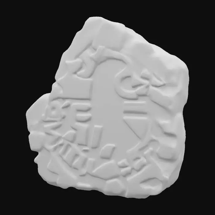 3D model for A medium-sized decorative stone with an irregular shape, stylized details, and rough surface texture. Jagged edges, chipped corners, and fantasy game aesthetic
