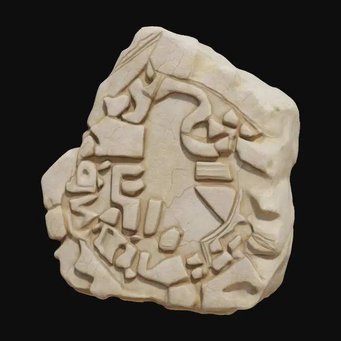 3D model for A medium-sized decorative stone with an irregular shape, stylized details, and rough surface texture. Jagged edges, chipped corners, and fantasy game aesthetic