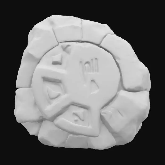 3D model for A medium-sized decorative stone with an irregular shape, stylized details, and rough surface texture. Jagged edges, chipped corners, and fantasy game aesthetic