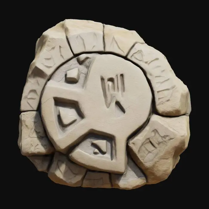 3D model for A medium-sized decorative stone with an irregular shape, stylized details, and rough surface texture. Jagged edges, chipped corners, and fantasy game aesthetic
