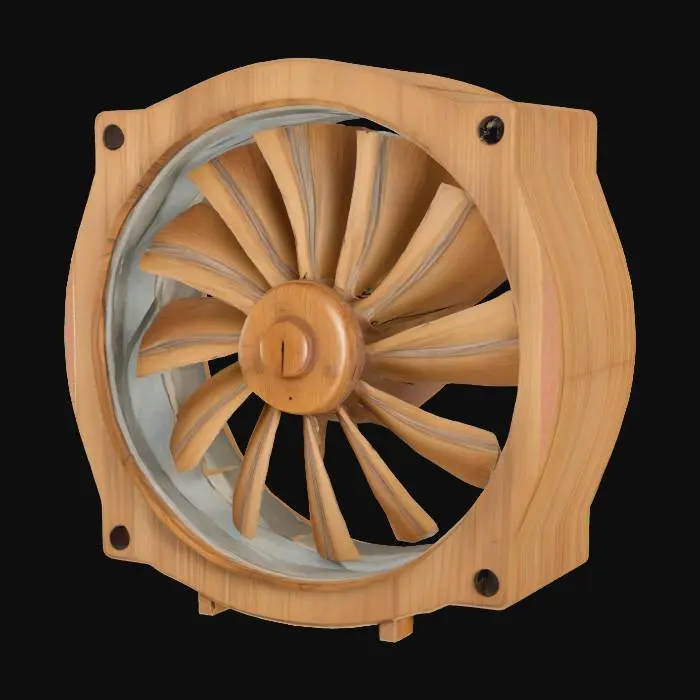 3D model for A large, stylized wooden fan resembling an old CPU cooler. Made entirely of wood with multiple wooden blades arranged around a central hub. Rustic, medieval, hand-crafted appearance, slightly technical design. No metal, no modern parts, only wood and simple construction