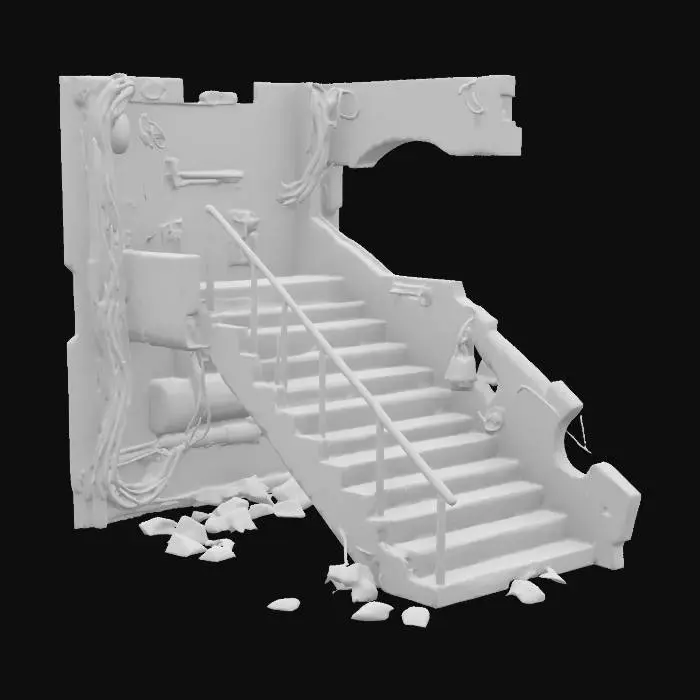 3D model for A low-rise staircase made of broken metal panels, exposed electric cables running along and between the steps, glitchy and irregular surfaces, fragments of neon lights embedded in the structure, slight distortions in shape, futuristic cyberpunk style, worn and rusty texture