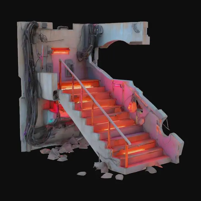 3D model for A low-rise staircase made of broken metal panels, exposed electric cables running along and between the steps, glitchy and irregular surfaces, fragments of neon lights embedded in the structure, slight distortions in shape, futuristic cyberpunk style, worn and rusty texture