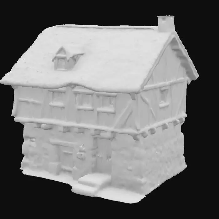 3D model for A medieval residential house made of wood and stone, timber-framed upper floor, thatched or shingled roof, small wooden windows, slightly uneven architecture, worn textures, natural weathering details, clean 3D model